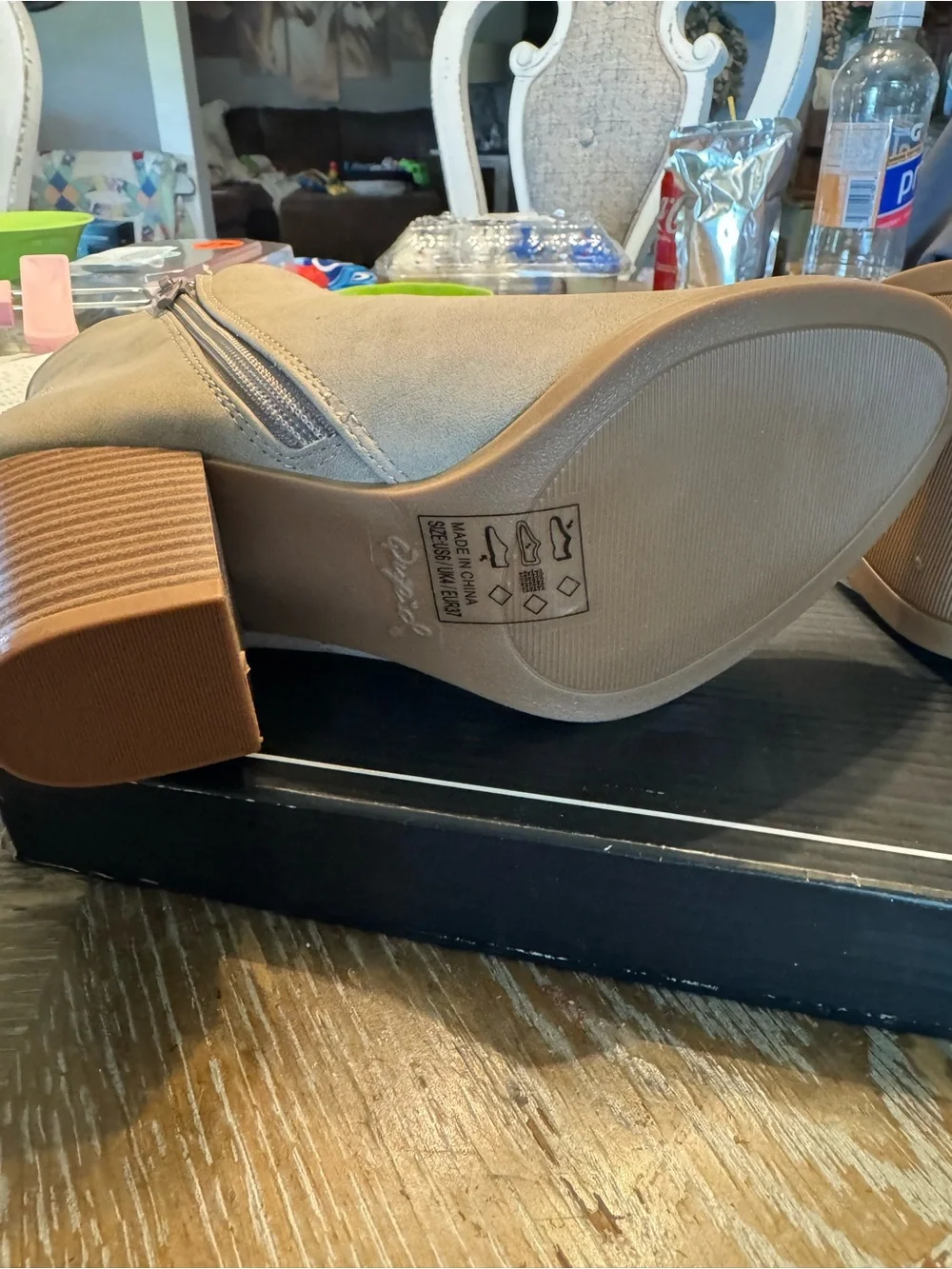 Qupid Taupe Suede-Look Ankle Booties with Stacked Heel - Picture 5 of 5